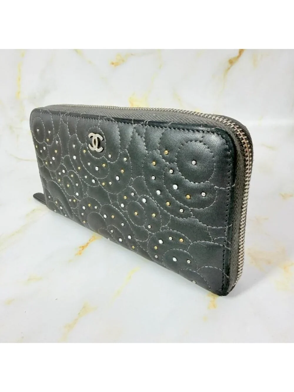 Chanel Camellia Studded Zip Around Wallet